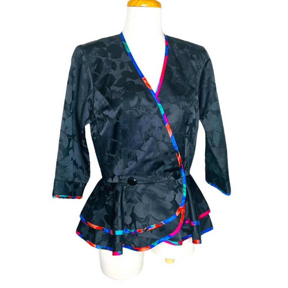 80s AJ Bari Jacquard Peplum Jacket 100% Silk Floral Piping Size 10 Vintage - Picture 10 of 12